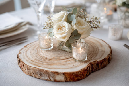 Beautiful Rustic Wedding Table Centerpiece Featuring White Roses, Silver Dollar Eucalyptus, and Glittering Votive Candles, Presented on a Large Natural Tree Trunk Wood Slice, Against a Softly Lit Backgroundの素材
