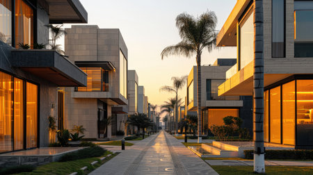 Stunning Symmetrical View of a Modern Residential Street at Sunset, Lined with Contemporary Stone and Glass Luxury Villas and Tall Palm Trees, Showcasing Upscale Desert Architecture and Urban Planning.の素材