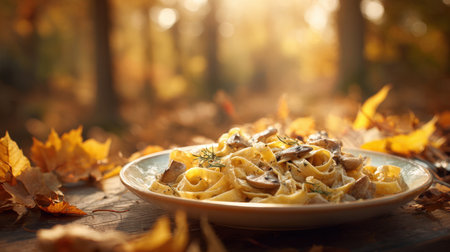 A delicious plate of creamy fettuccine pasta with mushrooms and rosemary sits on a wooden table amidst golden autumn leaves in a forest. Perfect for fall food, comfort, and seasonal dining themes.の素材