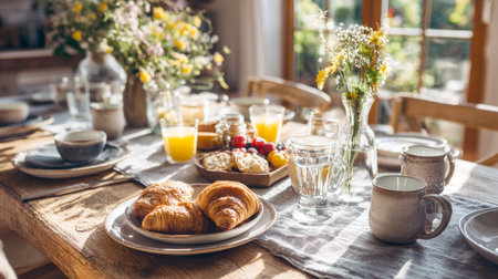 A beautiful rustic wooden table set for a sunny morning breakfast. Features fresh croissants, juice, berries, and coffee mugs, all bathed in warm sunlight, creating a cozy and idyllic lifestyle scene for dining.の素材