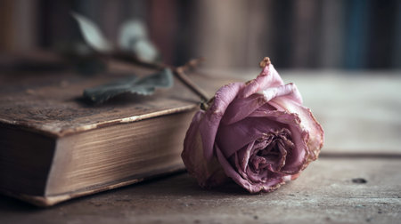 A faded pink rose rests on an old, leather-bound book on a rustic wooden table. This evocative still life conveys themes of vintage romance, nostalgia, memory, literature, and timeless beauty with a dark, moody feel.の素材