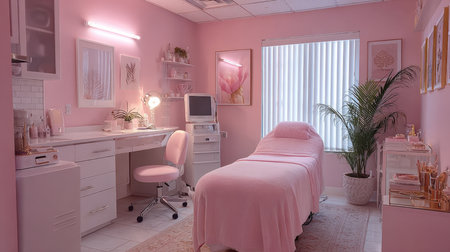 A beautifully decorated and clean esthetics room or spa treatment center dominated by soft pink and white colors. Features include a cushioned bed, desk, cosmetic products, medical equipment, and bright lighting, conveying beauty and wellness.の素材
