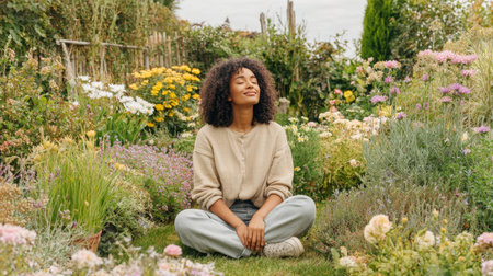 A serene, beautiful woman with closed eyes sits cross-legged in a vibrant, lush garden, finding peace and tranquility amid colorful flowers. Perfect for themes of wellness, nature connection, mindfulness, and relaxation.の素材