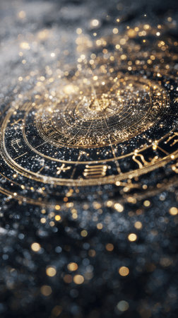 A stunning, dark, and mystical close-up of a circular zodiac wheel with engraved golden signs and constellations. Surrounded by brilliant gold bokeh, dust, and starlight, creating a magical and celestial-themed mystical background.の素材
