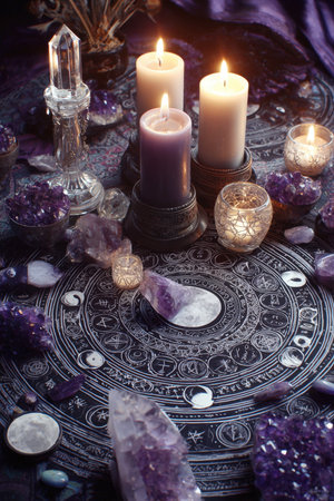 An esoteric altar setup featuring burning candles, amethyst crystals, and a detailed celestial or magical circle on a dark cloth. This mystical still life is perfect for themes of spirituality, witchcraft, tarot, and wellness.の素材
