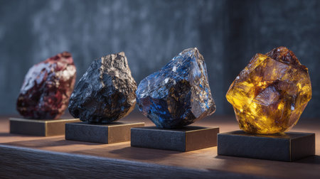 A moody, high-contrast studio still life featuring a horizontal row of four rough, uncut minerals on square, dark stands. The stones display colors from deep red and blue to amber and black, emphasizing geology, rarity, and raw beautyの素材