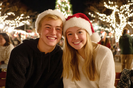 Cheerful Young Couple Wearing Festive Santa Hats and Cozy Sweaters, Sharing a Joyful Moment Outdoors at Night Against a Magical Backdrop of Brilliant, Out-of-Focus Holiday Lights and a Decorated Christmas Tree During the Winter Seasonの素材
