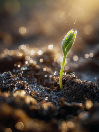 Vibrant, Fresh Green Seedling Emerges from Rich Dark Earth, Bathed in Warm, Golden Sunlight with Beautiful Bokeh and Water Droplets, Symbolizing New Life, Growth, Sustainability, Development, and a Fresh Start in Macro Detailの素材
