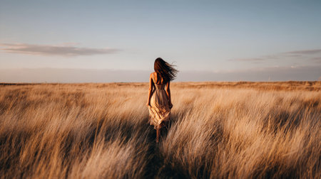 A woman in a light dress walks away into a vast, golden field of tall, wild grass during sunset. This atmospheric shot captures freedom, solitude, nature, and wanderlust with warm, cinematic lighting.の素材