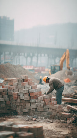 Focused Construction Worker Stacking Bricks: Vertical Image of a Builder Wearing a Hard Hat, Carefully Working with a Large Pile of Red Clay Bricks on a Hazy, Dusty Urban Construction Site.の素材