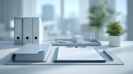 Minimalist and Organized Office Desk: Clean, Tidy Workspace Featuring Essential Business Tools, Including Binders, Clipboard with Document, Pen, and Small Potted Plant, Against a Bright Window Backgroundの素材