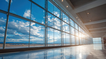 The modern architecture of an airport departure lounge, featuring floor-to-ceiling glass windows that offer a stunning, sunlit view of the runway and sky. Perfect for concepts like travel, global business, and modern infrastructure.の素材