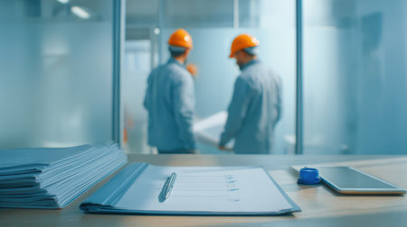 Project Management Foreground Focus: Close-up of a Clipboard with a Checklist and Pen, Tablet, and Documents on a Desk, with Two Unfocused Engineers or Architects Reviewing Blueprints in the Backgroundの素材