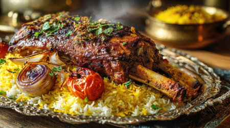A large, slow-roasted leg of lamb on bed of saffron and white rice, garnished with mint and roasted vegetables. Served on traditional silver platter, this steaming, savory dish is perfect for middle eastern cuisine and holiday themes.の素材