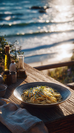 Spaghetti or linguine with small fish anchovies and herbs, served on a rustic wooden table overlooking a sparkling ocean at sunset or golden hour. A focus on mediterranean, seafood, and outdoor dining.の素材
