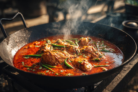 Close-up of a richly colored, deeply flavorful, and intensely spicy chicken curry (tari or salan) bubbling and steaming in a traditional black wok or kadai over an outdoor fire, showing authentic South Asian food culture and cooking.の素材