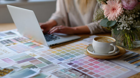A designer works on a laptop in a bright home office, surrounded by color swatch palettes, mood boards, a cup of coffee, and a bouquet of flowers. Focuses on creative work, aesthetics, and remote design jobs.の素材