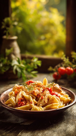 Close-up of a rustic clay bowl filled with Italian penne pasta and chicken in a creamy, red sauce maybe tomato or arrabiata, served on a dark wooden surface with a soft-focus summer garden background, emphasizing comfort food and cozy dining.の素材