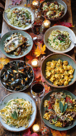 An overhead, dark, moody close-up of a rustic wooden table laden with an autumn feast. Multiple bowls of gourmet pasta dishes, fresh mussels, wine, and lit candles are surrounded by scattered fall leaves, perfect for Thanksgiving or holiday content.の素材