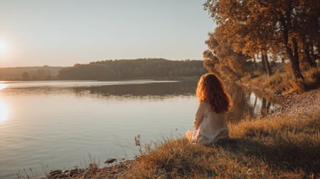 Rear view of a young person with long, glowing hair sitting quietly on the grassy bank of a calm lake during a beautiful golden hour or sunset, on focusing tranquility, reflection, nature, and the peaceful, serene autumn environment.の素材