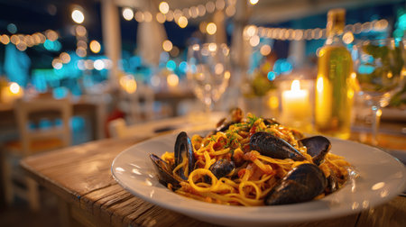 Delicious seafood pasta with mussels on a wooden table, beautifully lit by candlelight and bokeh string lights at a cozy, romantic outdoor Italian restaurant at night. Focus on fine dining and Mediterranean cuisine.の素材