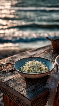 Italian spaghetti with delicate silverfish and poppy seeds, served in a rustic blue bowl on a weathered wooden table by the sun-drenched sea at golden hour. A tranquil and elegant seaside culinary experience.の素材