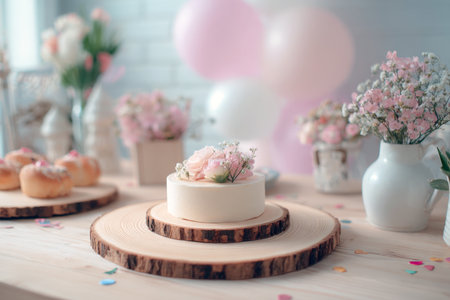 Small, elegant white cake with pink roses on a rustic wooden slab, surrounded by flowers, balloons, and pastries. Perfect for baby shower, birthday, or celebration themes with a soft, rustic, and feminine pastel aesthetic.の素材