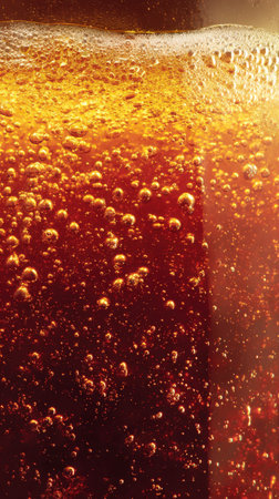 Abstract macro close-up of a carbonated amber liquid, showing countless golden bubbles and fizzy foam. Perfect vertical background for themes of refreshment, cola, beer, soda, texture, and crisp beveragesの素材