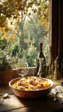 Rustic chicken pasta meal set by a sunlit wooden window overlooking an autumnal garden or vineyard. A cozy, vertical image of comfort food, Mediterranean flavors, and peaceful farmhouse dining.の素材