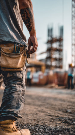 A close-up vertical shot of a construction worker in work boots and worn jeans, featuring a leather tool belt and tattooed arm. The dusty job site and blurred steel rebar structure in the background emphasize hard work and industry.の素材