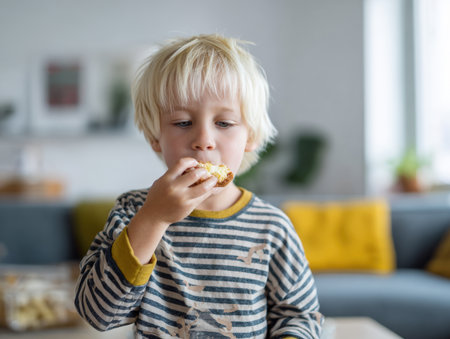 A cute blonde toddler in a striped shirt is intently eating a small snack or cookie indoors. A natural, candid, and authentic portrait capturing a happy moment of childhood in a bright living room setting.の素材