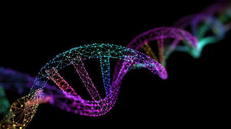 Vibrant, colorful digital visualization of a DNA double helix strand in a connected wireframe mesh structure against a dark background. Represents genetics, biotechnology, medical research, innovation, future science, and data.の素材