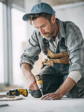 Close-up, vertical shot of a man wearing a tool belt and cap, kneeling to use a cordless drill to screw into a surface during construction or renovation. Focus on skilled labor, home repair, and professional craftsmanship.の素材
