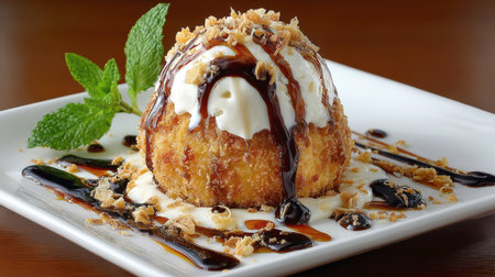 Close-up of a gourmet fried ice cream ball, drizzled with chocolate syrup and topped with whipped cream/vanilla scoop, crumbs, and fresh mint on a square white plate. Ideal for restaurant menus, desserts, and indulgent sweets.の素材
