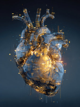 Digital Artificial Heart. Intricate 3D Model of a Human Heart Integrated with Glowing Golden Circuitry and Data Elements, Symbolizing Advanced Medical Technology, AI, and Future Healthcare Innovationの素材