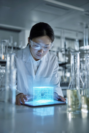 Female Research Scientist in Laboratory Focused Woman in a White Coat and Safety Goggles, Interacting with a Digital Tablet that Projects a Glowing Blue 3D Cube of Data in a High-Tech Research Environmentの素材