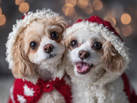 Adorable Festive Shih Tzu Puppies Two Small Dogs Wearing Knitted Red and White Christmas Hoods and Sweaters, Posing Cheerfully Against a Warm, Bokeh Background of Holiday Lights - Cute Christmas Pet Portraitの素材