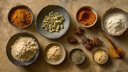 Top-down, horizontal view of a collection of whole and ground spices including cardamom, star anise, and various colored powders displayed in rustic bowls on an earth-toned background. Ideal for cooking and wellness.の素材