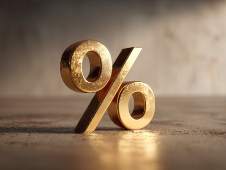 Powerful, dramatic close-up of a 3D rendered, rough-textured golden percentage symbol on a concrete floor. Represents interest rates, investment returns, financial markets, economy, and discount concepts.の素材