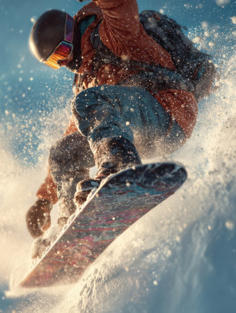 Dramatic, low-angle shot of a snowboarder performing a trick with tons of powder snow exploding around them in soft, golden light. Excellent for winter sports, extreme recreation, adventure travel, speed, and freedom concepts.の素材