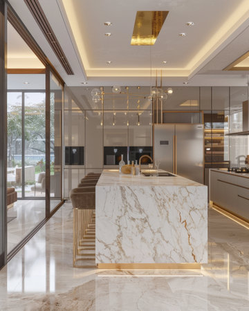 Ultra-Luxury Modern Kitchen Interior Opulent Design Featuring a Massive Marble Island with Gold-Tone Accents, Sleek Integrated Appliances, Custom Cabinetry, and Expansive Glass Doors Opening to a Terrace.の素材