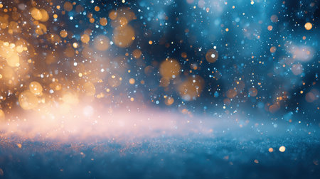 Magical Winter Night Background: Golden and Blue Bokeh Glitter with Falling Snowflakes and Festive Particles for Christmas, New Year, or Abstract Celebration Design Templates.の素材