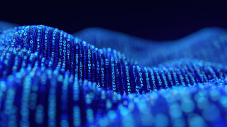 Abstract Big Data Waveform: Dynamic Visualization of Digital Information Flow Represented by Blue Binary Code and Letter Blocks Forming Wavelike Patterns Concept for Quantum Computing and Deep Learning Technology.の素材