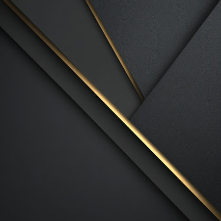 Luxurious Dark Abstract Background Layered Geometric Design Featuring Matte Black Textured Panels Separated by a Thin, Brilliant, Diagonal Stripe of Glowing Gold Light Elegant and Modern Business Presentation Backdrop.の素材
