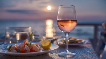 A close-up of a glass of rose wine and a fresh shrimp salad with lemon, set on an outdoor table against the backdrop of a beautiful sunset over the ocean. Perfect for romantic dining and luxury travel themes.の素材