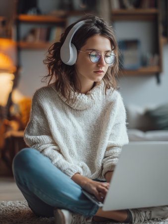A concentrated young woman wearing headphones and glasses works or studies remotely on a laptop. She is seated cross-legged on a cozy rug in a warmly lit living room, embodying comfortable home office and digital nomad life.の素材