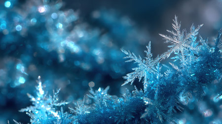 Extreme close-up macro shot of large, detailed ice crystals and snowflakes sparkling in brilliant icy blue and silver colors. The image features a shallow depth of field and beautiful bokeh lights, ideal for winter design.の素材