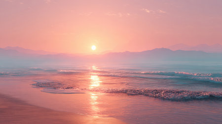 A serene beach landscape at sunrise or sunset, featuring soft pastel pink and turquoise colors. Gentle waves wash onto the shore, reflecting the sun's glow with hazy mountains in the distance for a dreamy, tranquil scene.の素材