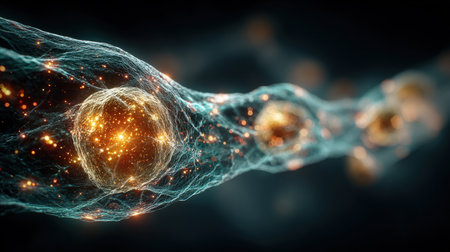 High-resolution abstract rendering of a microscopic cell or neuron glowing with bright orange energy, surrounded by a complex, fibrous teal neural network structure, representing science, biology, and data transmission.の素材