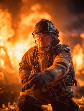 A heroic firefighter in full protective gear and helmet, extending an arm while fighting a massive, dangerous fire. This dramatic vertical portrait symbolizes courage, emergency services, rescue work, and the intensity of the flamesの素材